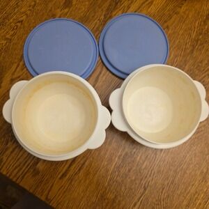 Tupperware One Touch White Bowls Blue Lids Set of 2 Scalloped Handles 2514B-3